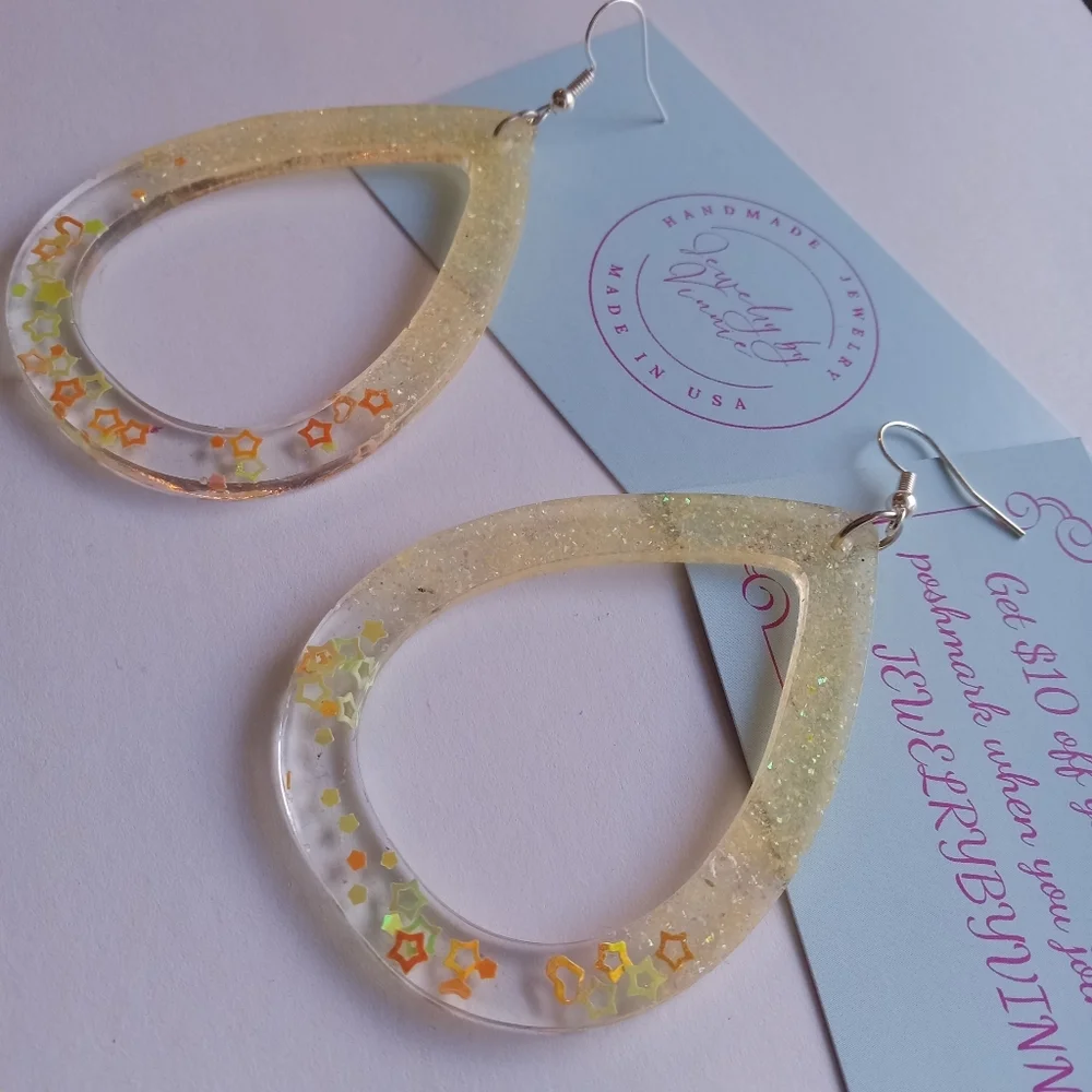 Hand Crafted Glittering Teardrop Earrings - Gold and Orange - Picture 5 of 7